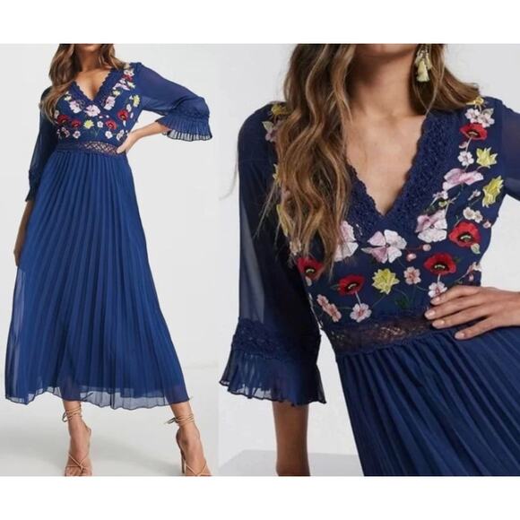 ASOS Design Floral Embroidered Pleat Skirt Midi Dress Size 16 Cottagecore Lace - Picture 7 of 7